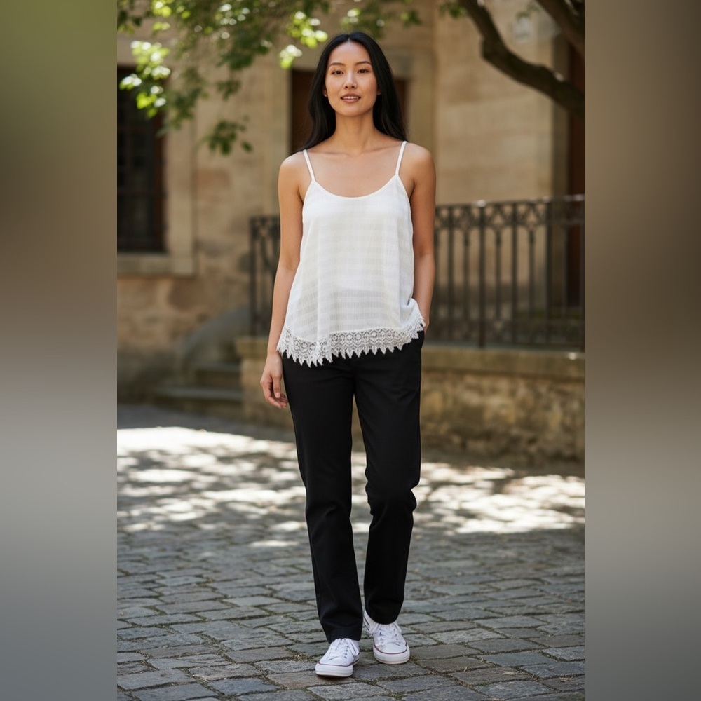 Eline Line & Dot Ribbed Tank Lace Bottom NWOT